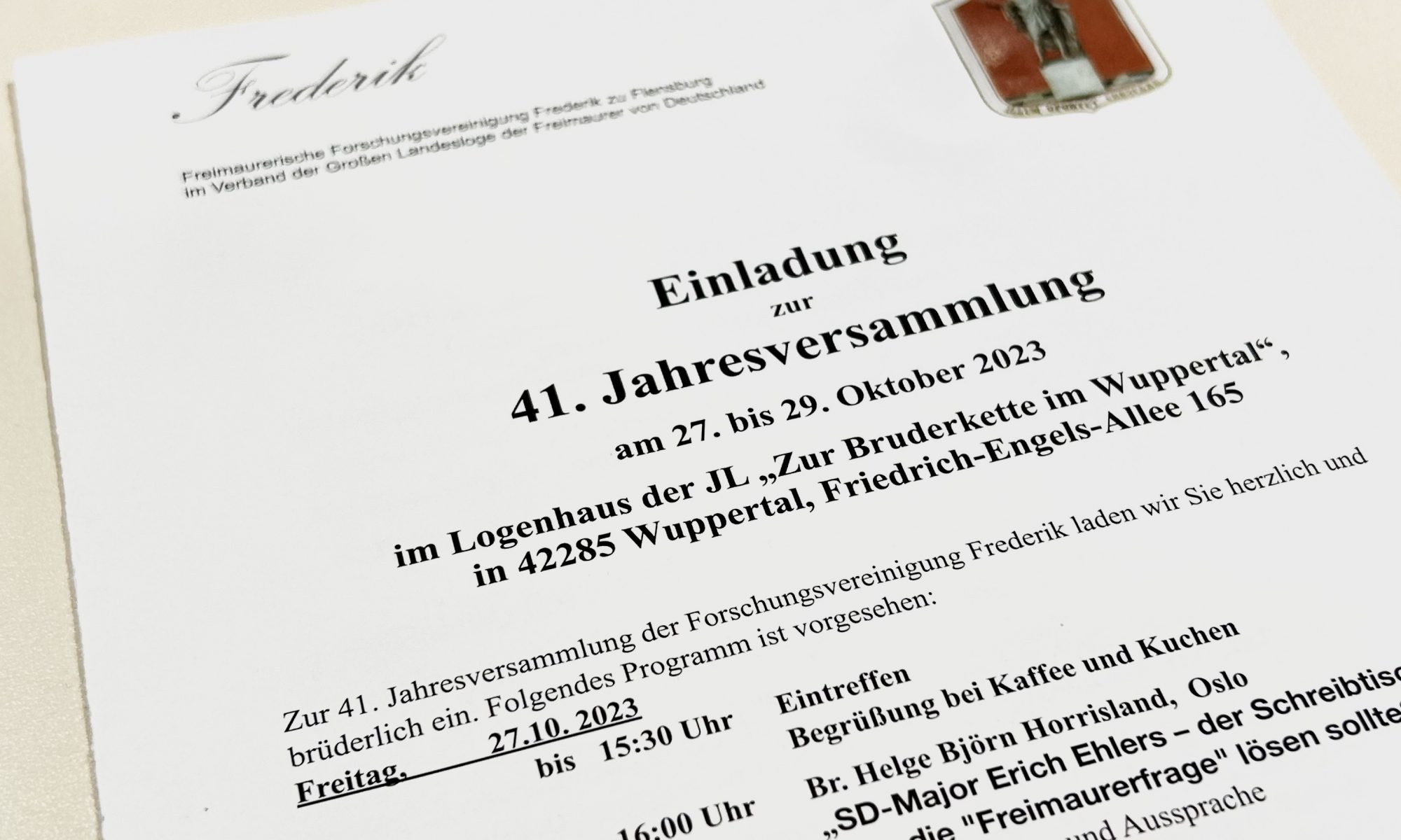 Freimaurerische Forschungsvereinigung Frederik: Jahrestagung „41 Jahre Frederik“, 27.-29. Oktober 2023 im Wuppertaler Logenhaus